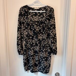 Black Ruffled Collar Dress with White Bird Pattern